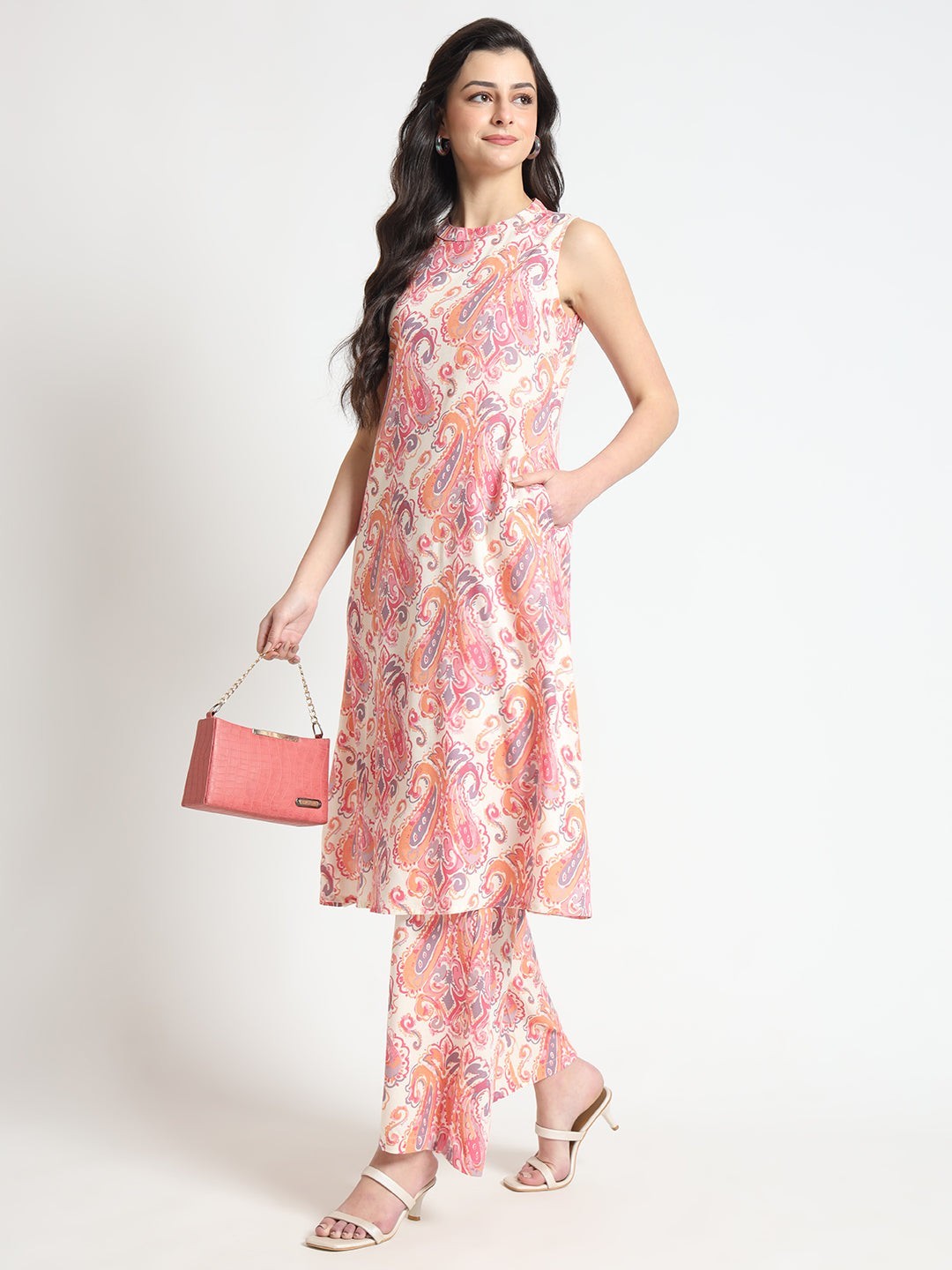 Cream Floral Print Rayon Fabric Co-Ord Set for Women Ethnic Wear Plus Size