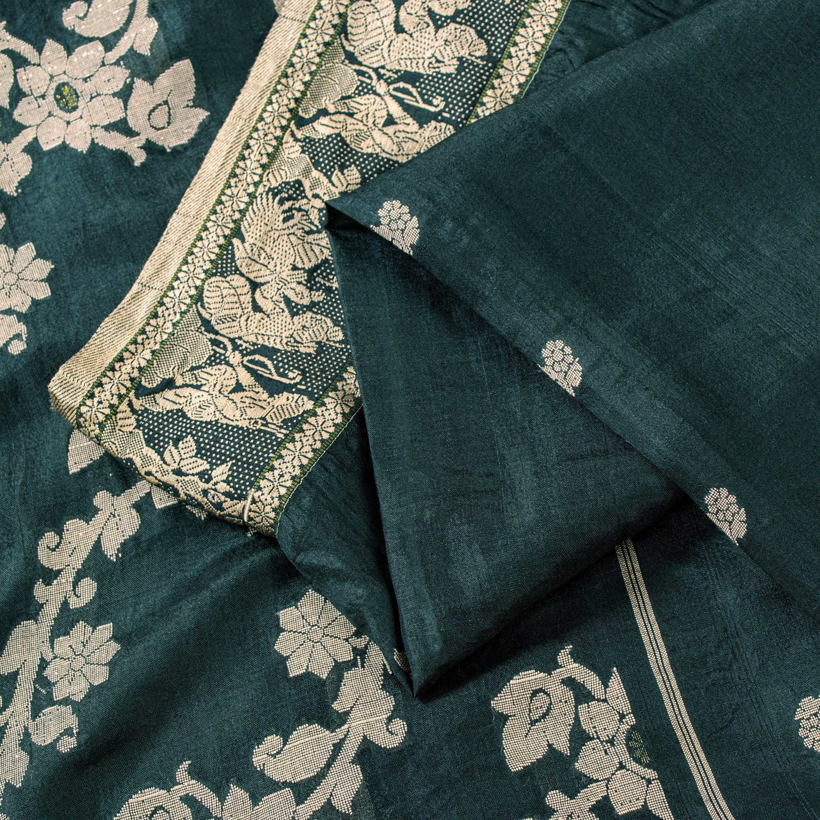 Sanskriti Vintage Green Pure Silk Saree Hand Woven Sari West Bengal 6+Yd Fabric