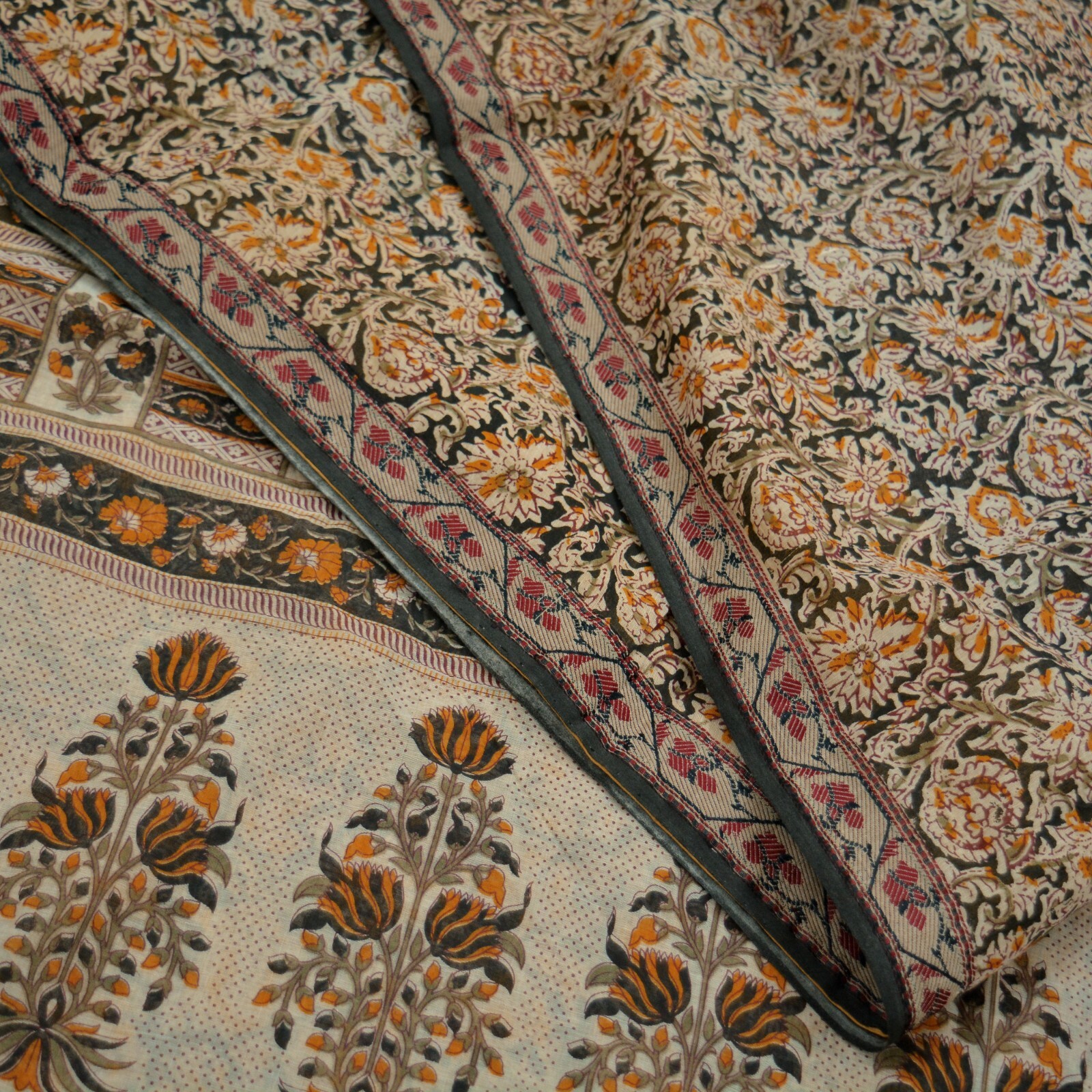 Indian Vintage Sari Cream & Black Pure chanderi Silk Block Printed Saree 5yd