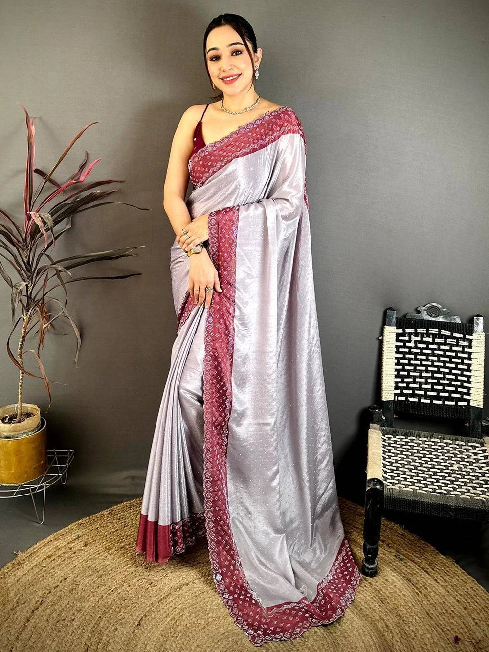 Grey Women Saree Chiffon Fabric Stone Work Party Wear With Blouse