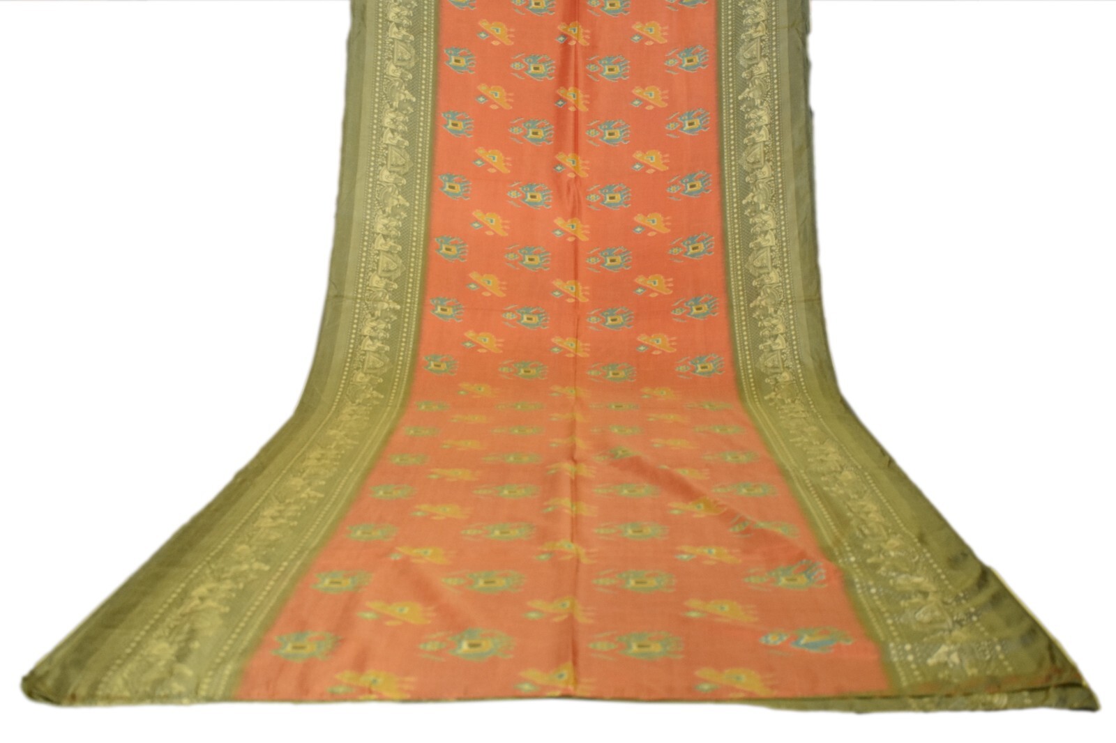FNC Vintage Saree Indian Orange Hand Woven Ikat Blend Silk Sari Craft Fabric 5Yd