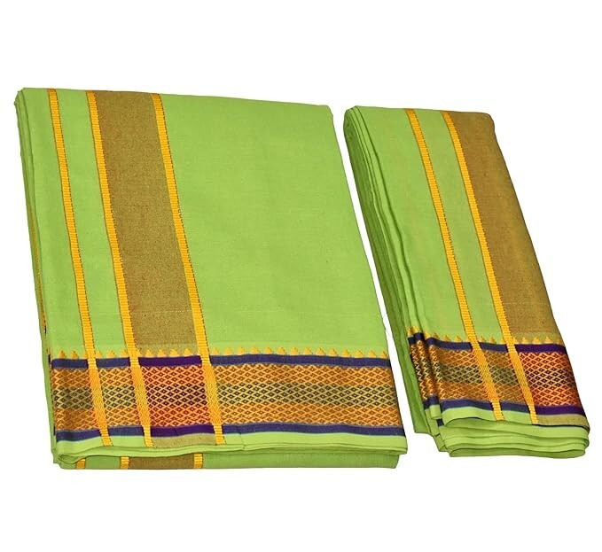 Men’s Panchakacham Dhoti with Angavasthram Zari Border, Cotton, Light Green
