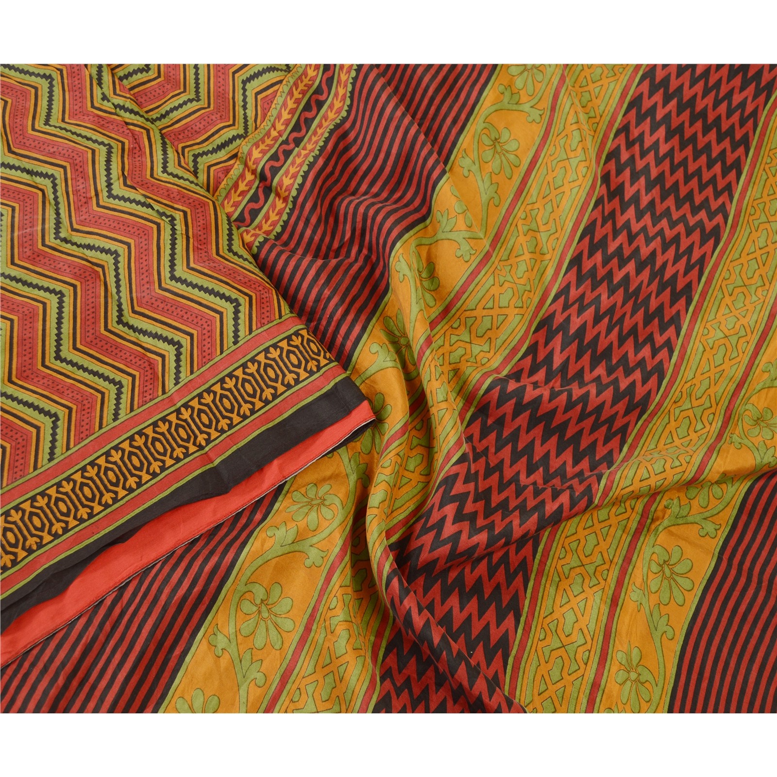 Sanskriti Vintage Sarees Red & Green Print 100% Pure Silk Sari 5+Yd Craft Fabric