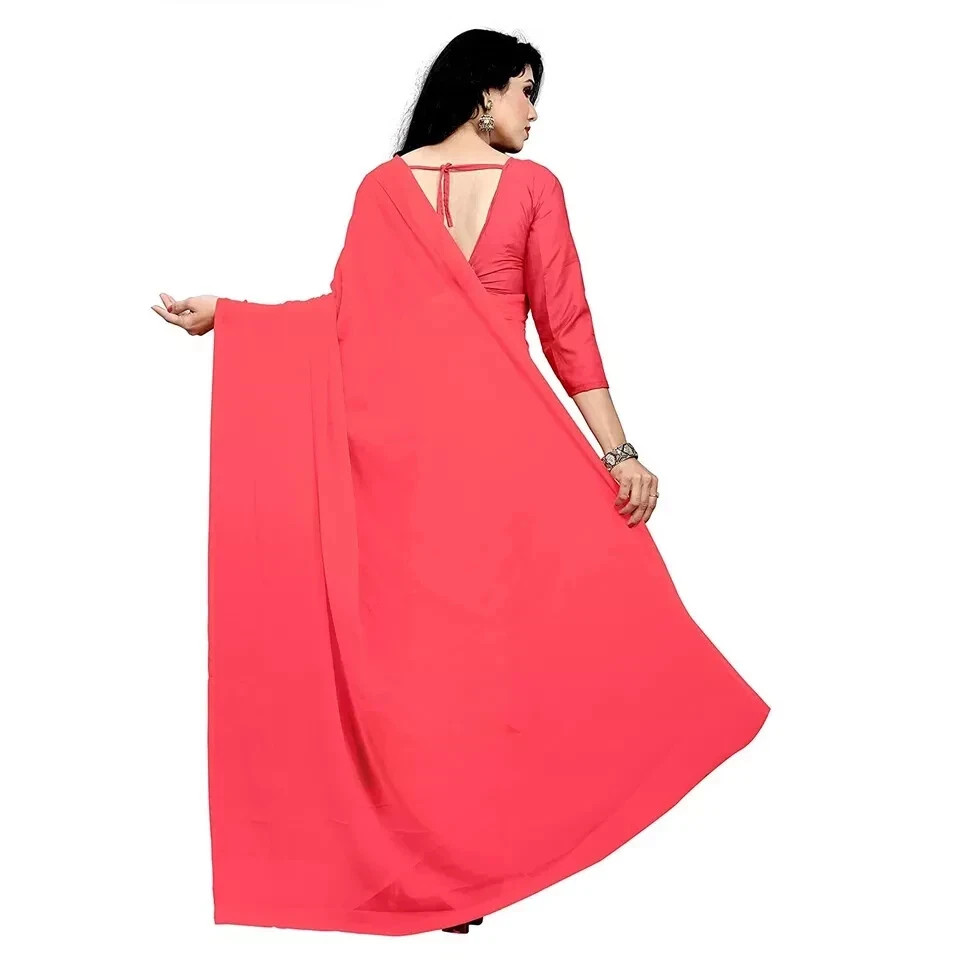 Women’s Georgette Saree With Unstiched Blouse Piece Gajari Red Ethnic Wear 1 Pcs