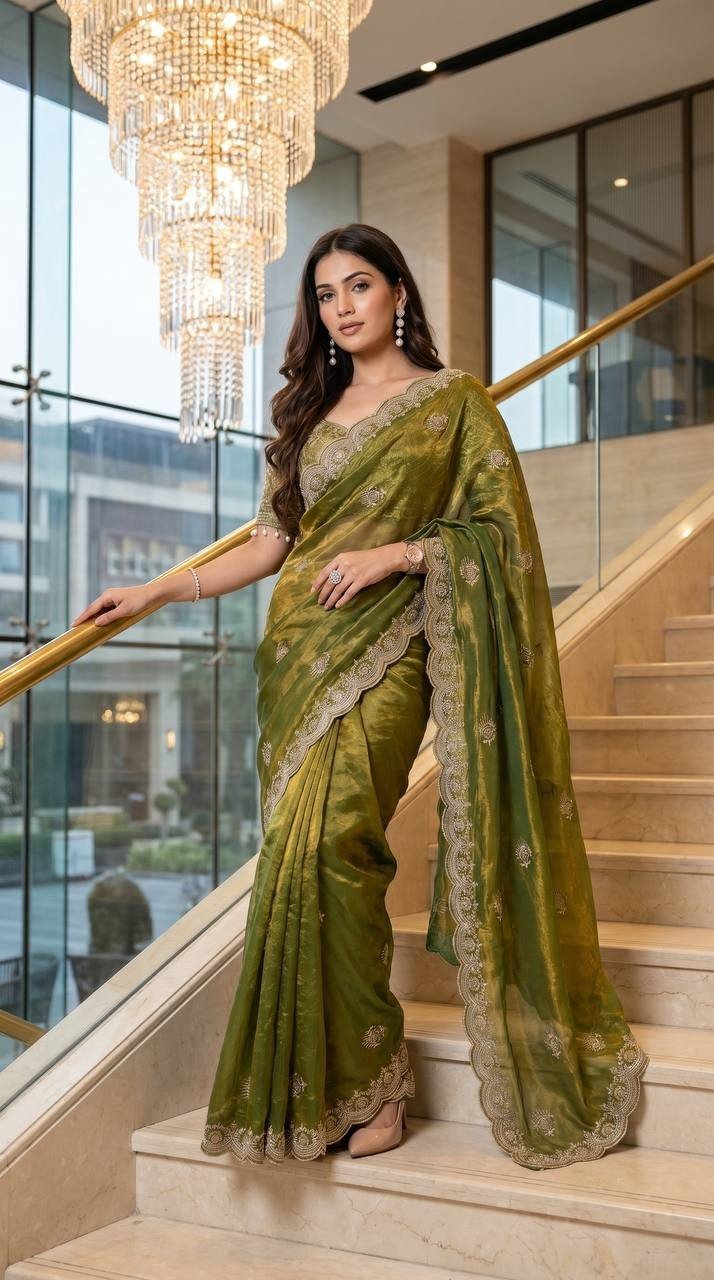 Designer Ready Blouse Soft Satin Saree Embroidery Wedding Party Wear Saree