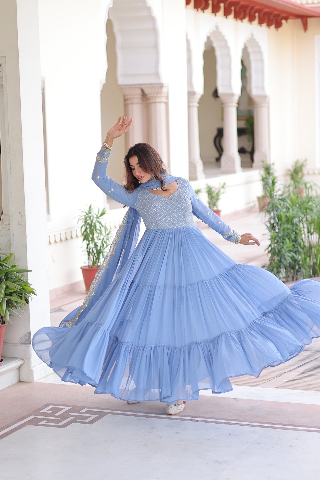Indian Style Faux Georgette Blue Salwar Kameez With Dupatta For Women Wear