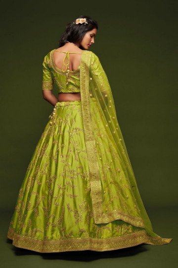 New Designer Lime Green Art Silk Lehenga Choli With Fancy Dupatta For Reception