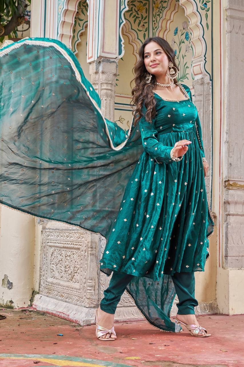 New Launching Heavy Silk Teal Green Gown Bottom With Dupatta For Ethnic Wear