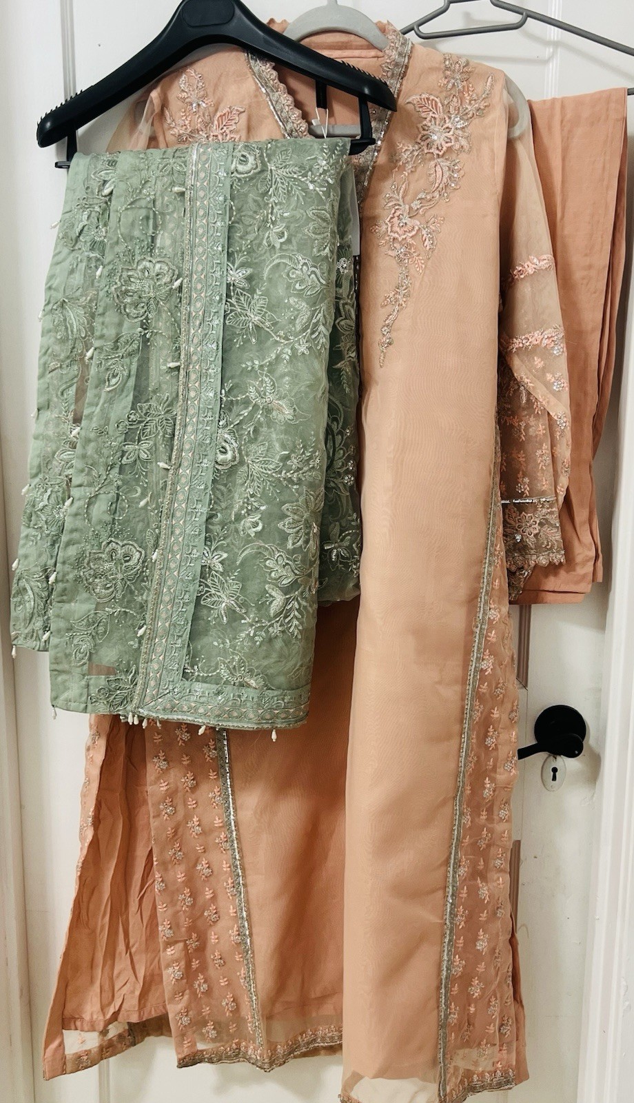 Charizma Peach Embroidered Chiffon Salwar Kameez Green Dupatta for Women