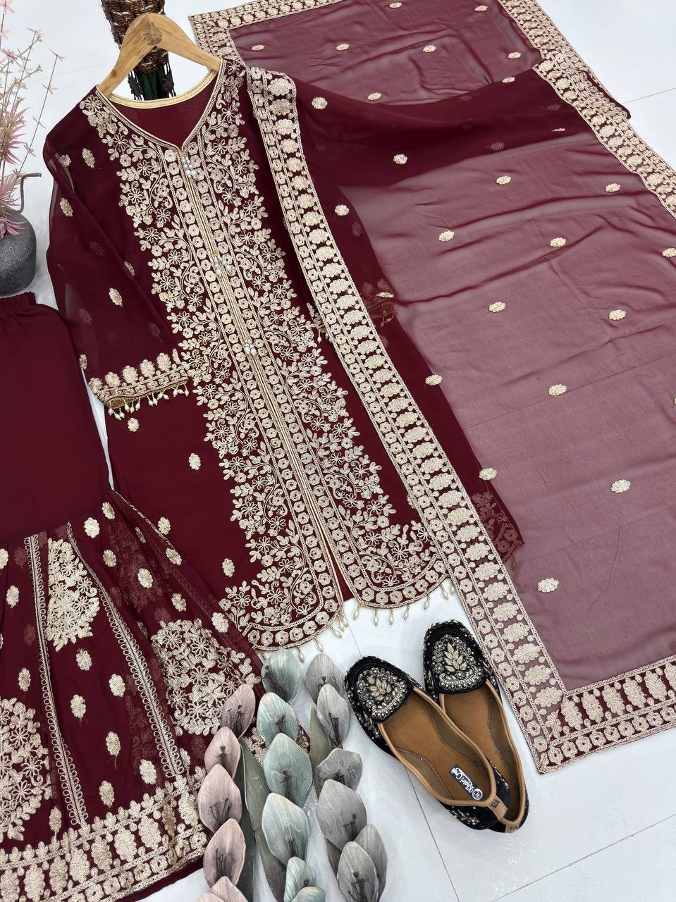 Indian Style Red Vichitra Silk Saree With Blouse For Wedding & Party