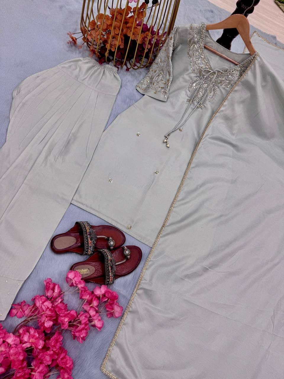 Premium Natural Crepe Embroidered Farshi Plazzo Suit With Beads Handwork