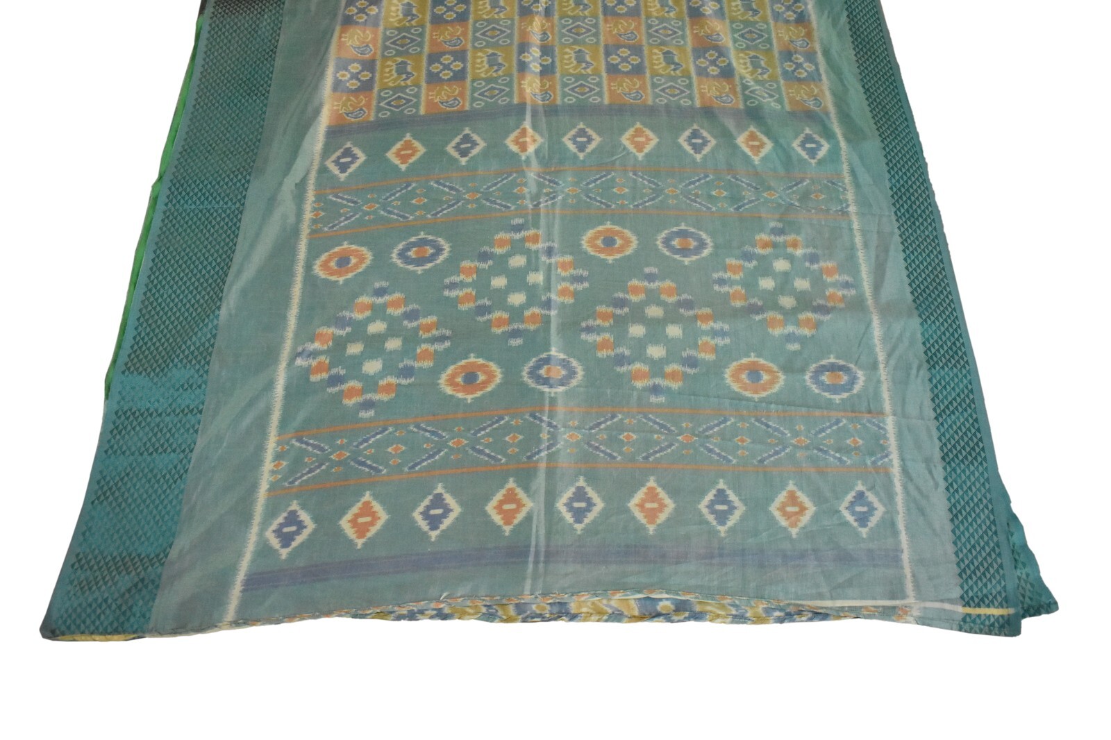 FNC Vintage Green Sambalpuri Ikat Sarees Handwoven Art Silk Sari Fabric Antique