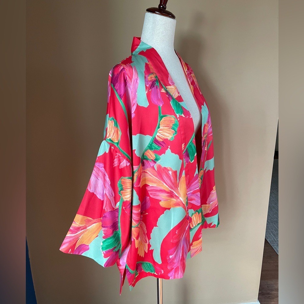 Chicos Womens Kimono Cardigan Floral Japanese Pink Red Size Small/Medium Satin