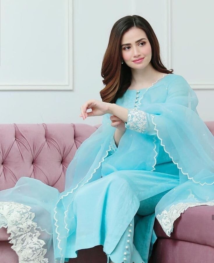 Women’s Aqua Blue Cotton Embroidered Salwar Suit Set with Straight Kurta