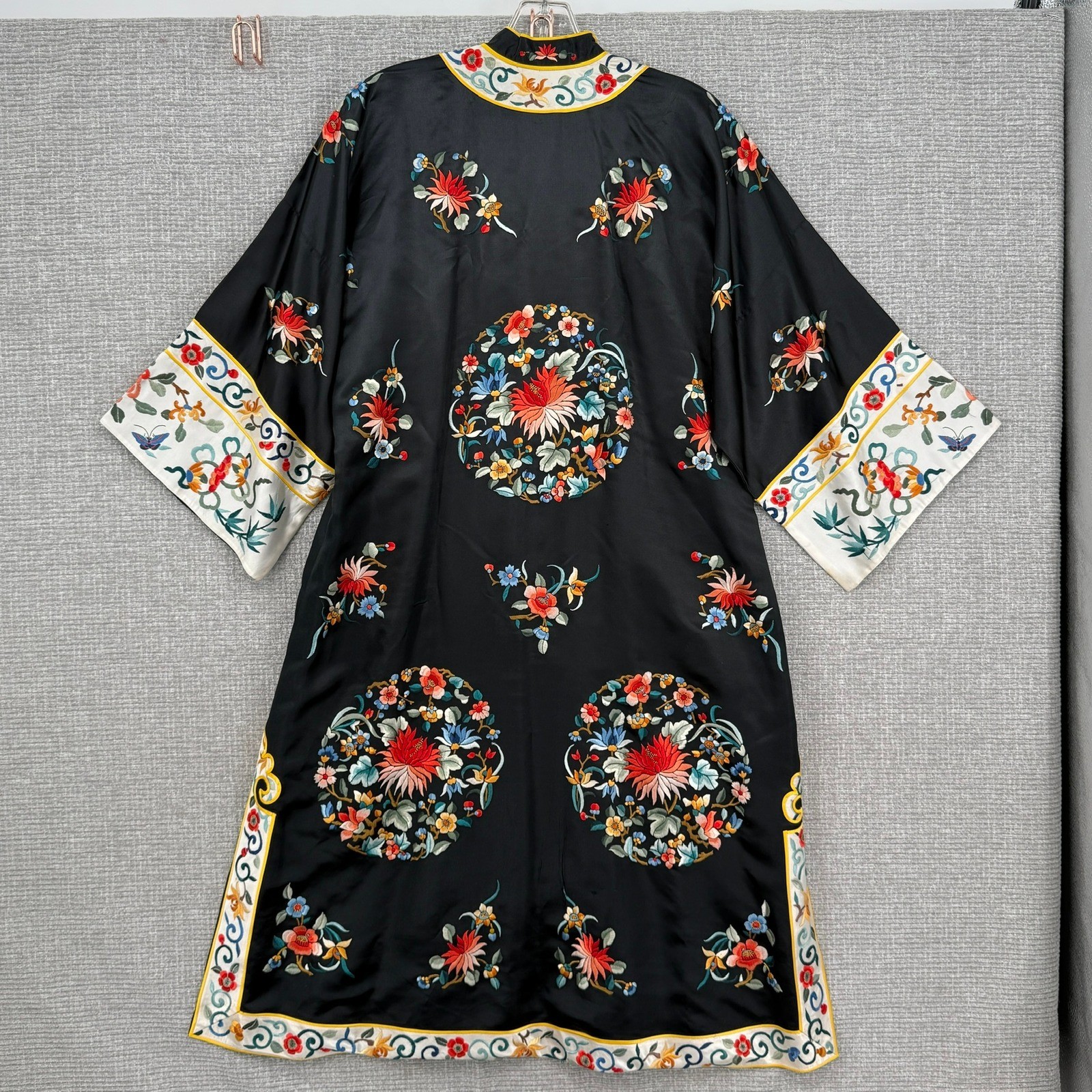 Vintage Golden Bee Kimono Robe Women Silk Satin Embroidered Floral Boho OS