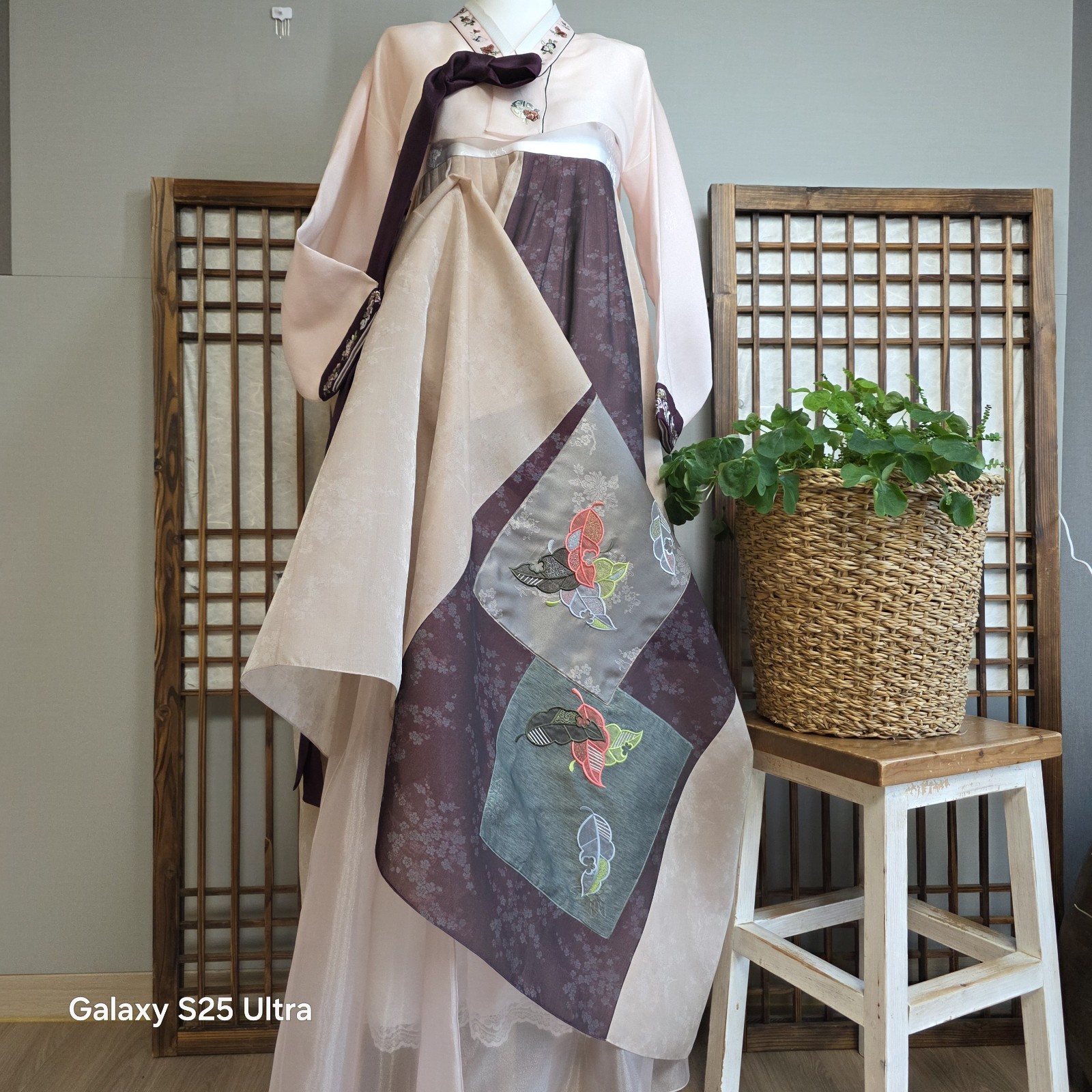 Korean Women Hanbok Set Blush Pink Jeogori Deep Plum Chima Embroidery Full Set