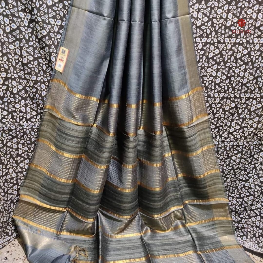 Slate Grey Handwoven Pure Tussar Ghicha Silk Saree