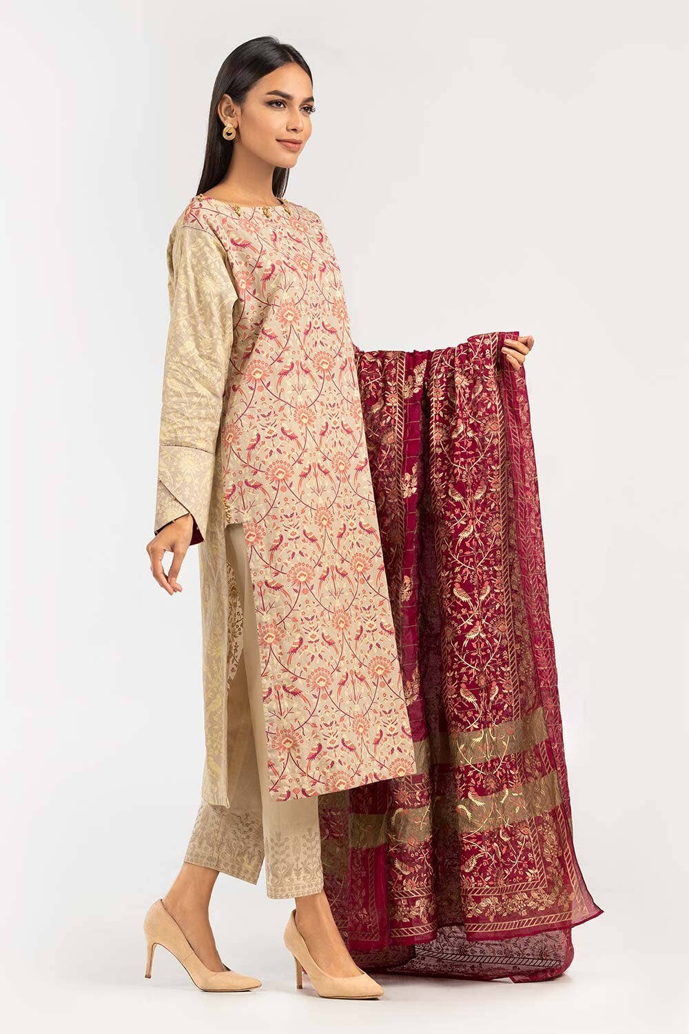 NWT GUL AHMED Size S, M, XL 2Pc Screen Print Cambric Kurti & Dupatta Pakistan