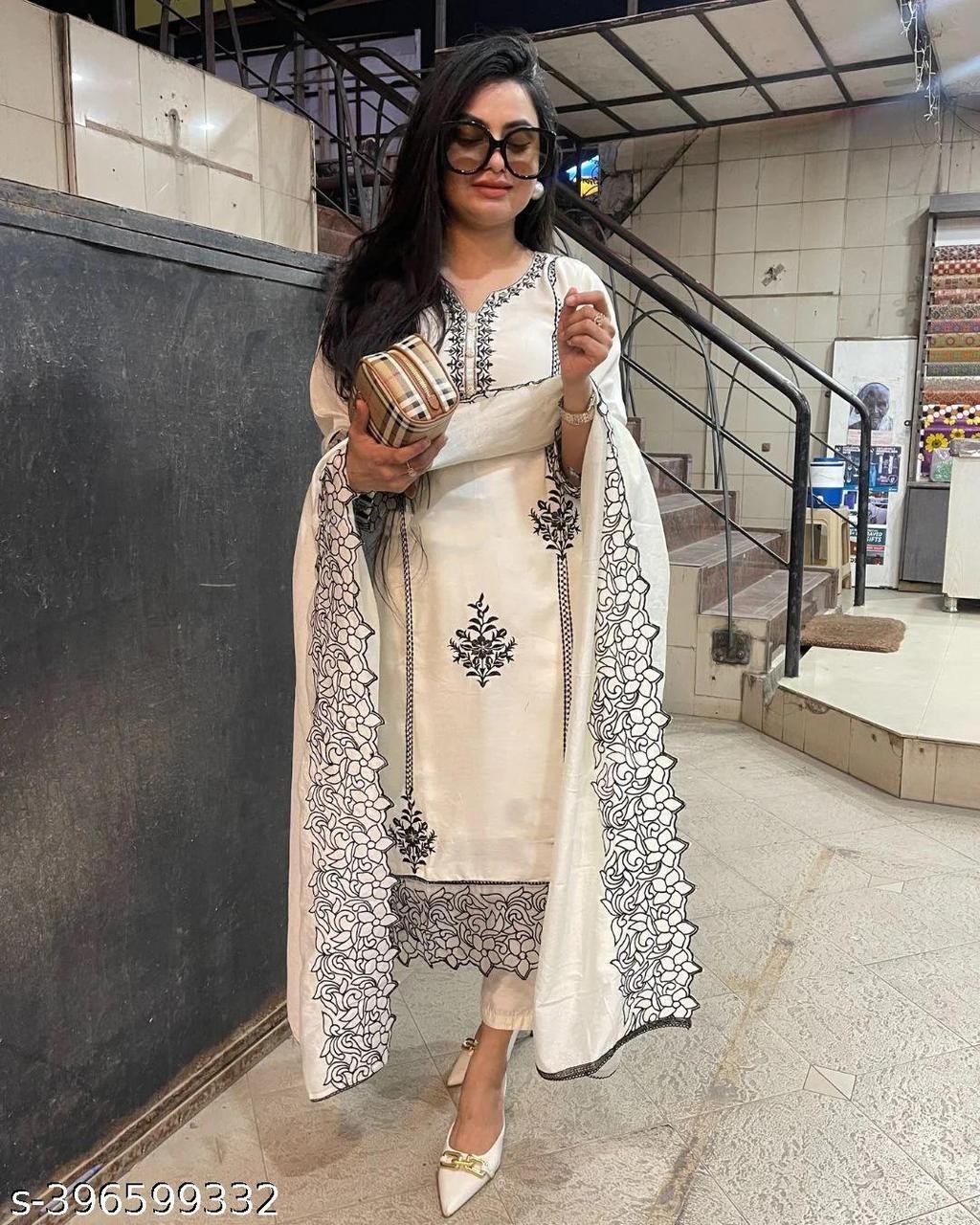 Indian Bollywood White Embroider Kurta Pant Dupatta Readymade Party Suit A16