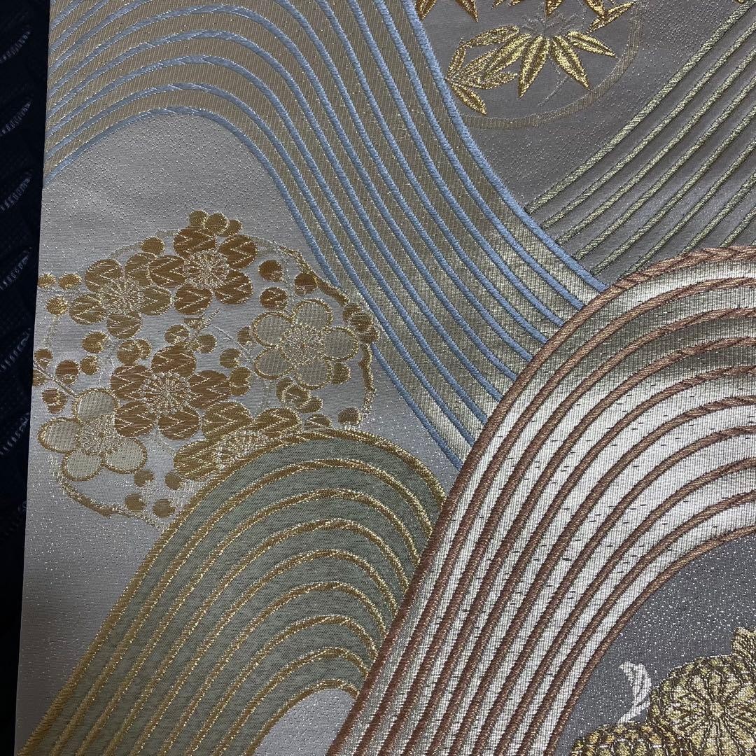 Japanese Silk Fukuro Obi Silver Gold Floral Roundel Curved Line 440 x 30.5 cm