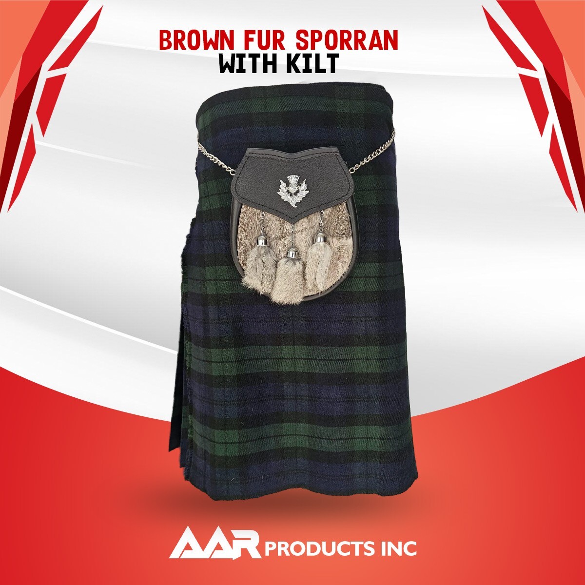 AAR Mens Semi Dress Sporran Brown Rabbit Formal Fur 3 Tassels Leather Belt Chain