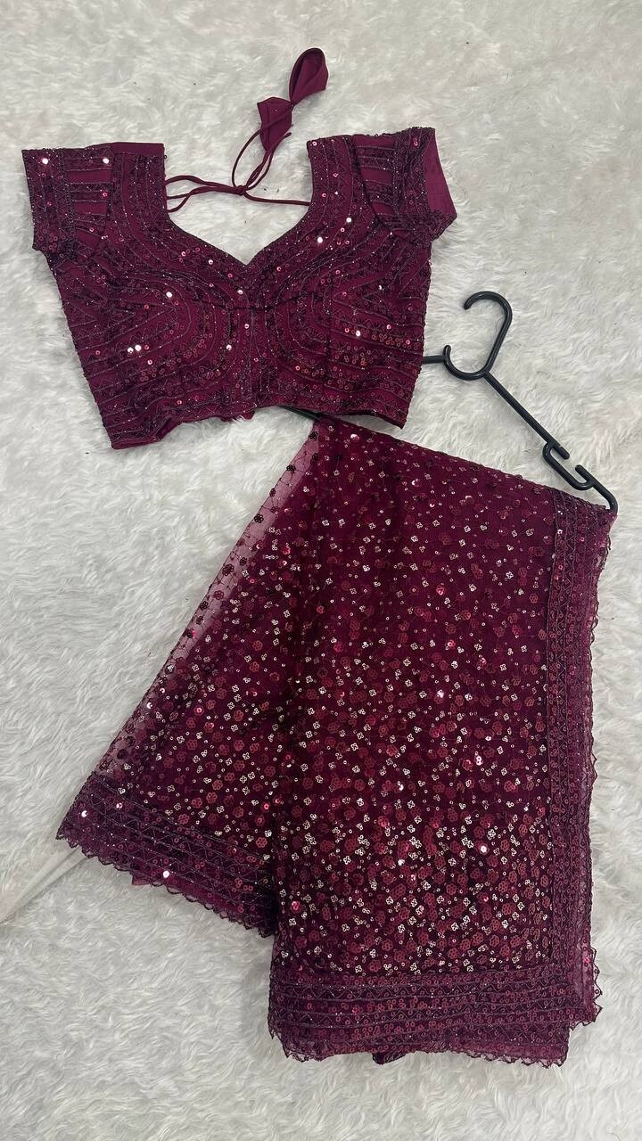 Fancy Designer Net Fabric Wine Saree With Blouse For Indian Wedding Wear