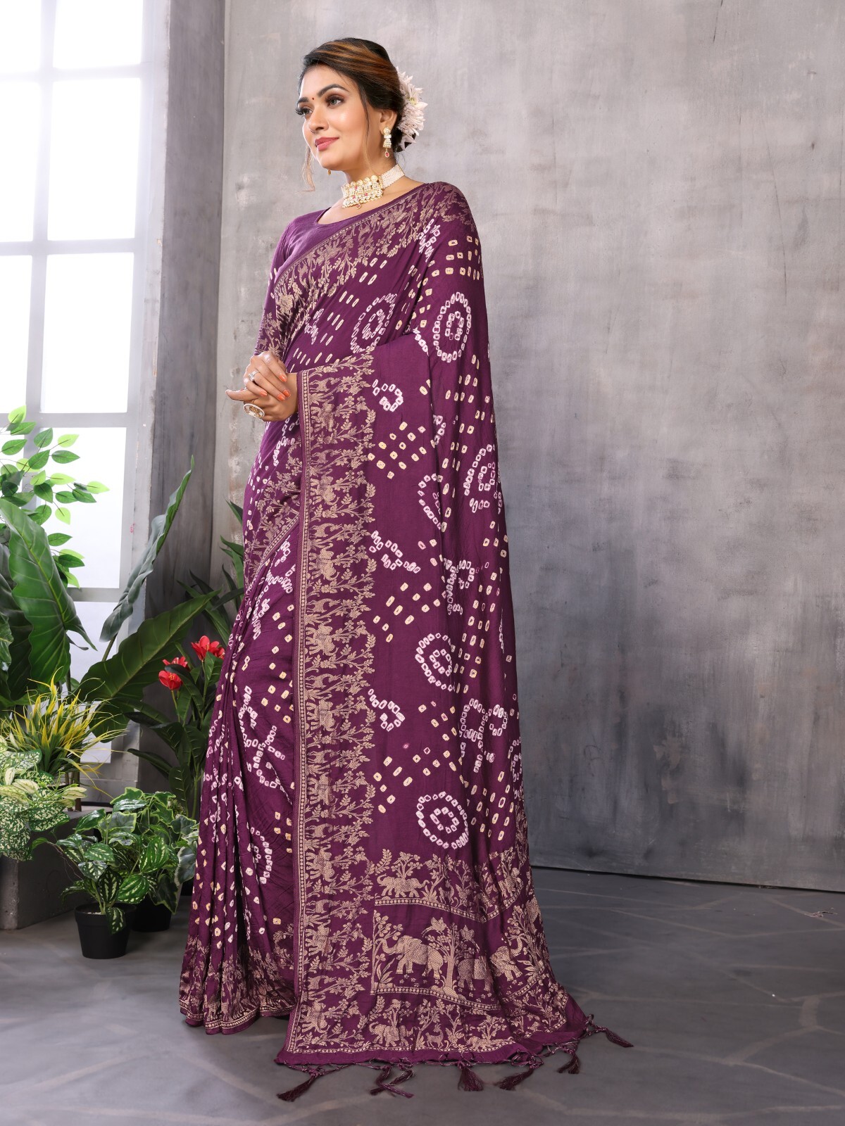 Purple Bandhej Bandhani Misco Pure Gaji Patola Chex Bandhani Saree With Blouse