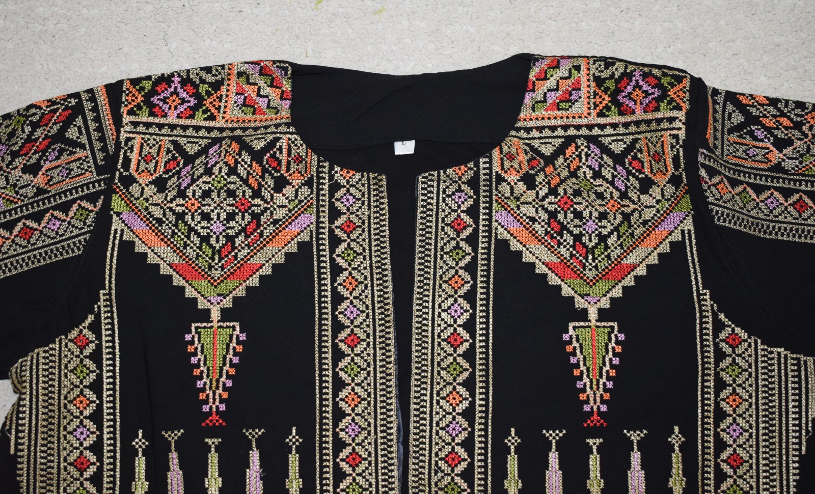 Palestinian Tatreez Jacket – Multicolored Embroidered Open-Front Cardigan–Blazer
