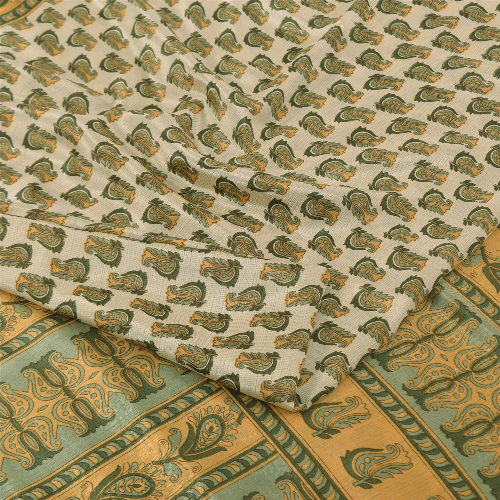 Sanskriti Vintage Soft Cream Moss Crepe Saree Paisley Print Sari 5.5 Yard Fabric