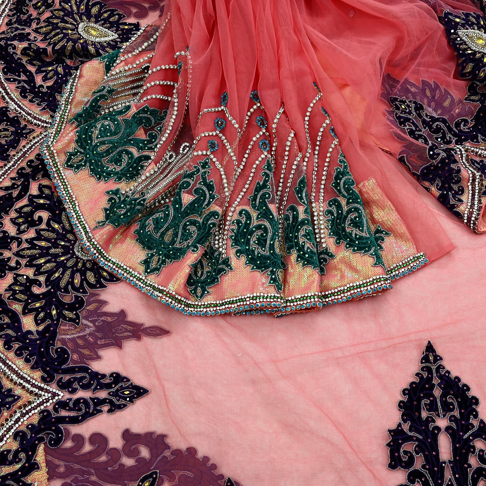Vintage Heavy Sari Peach Net/Mesh Hand Embroidered Sarees Craft Fabric 5Yd