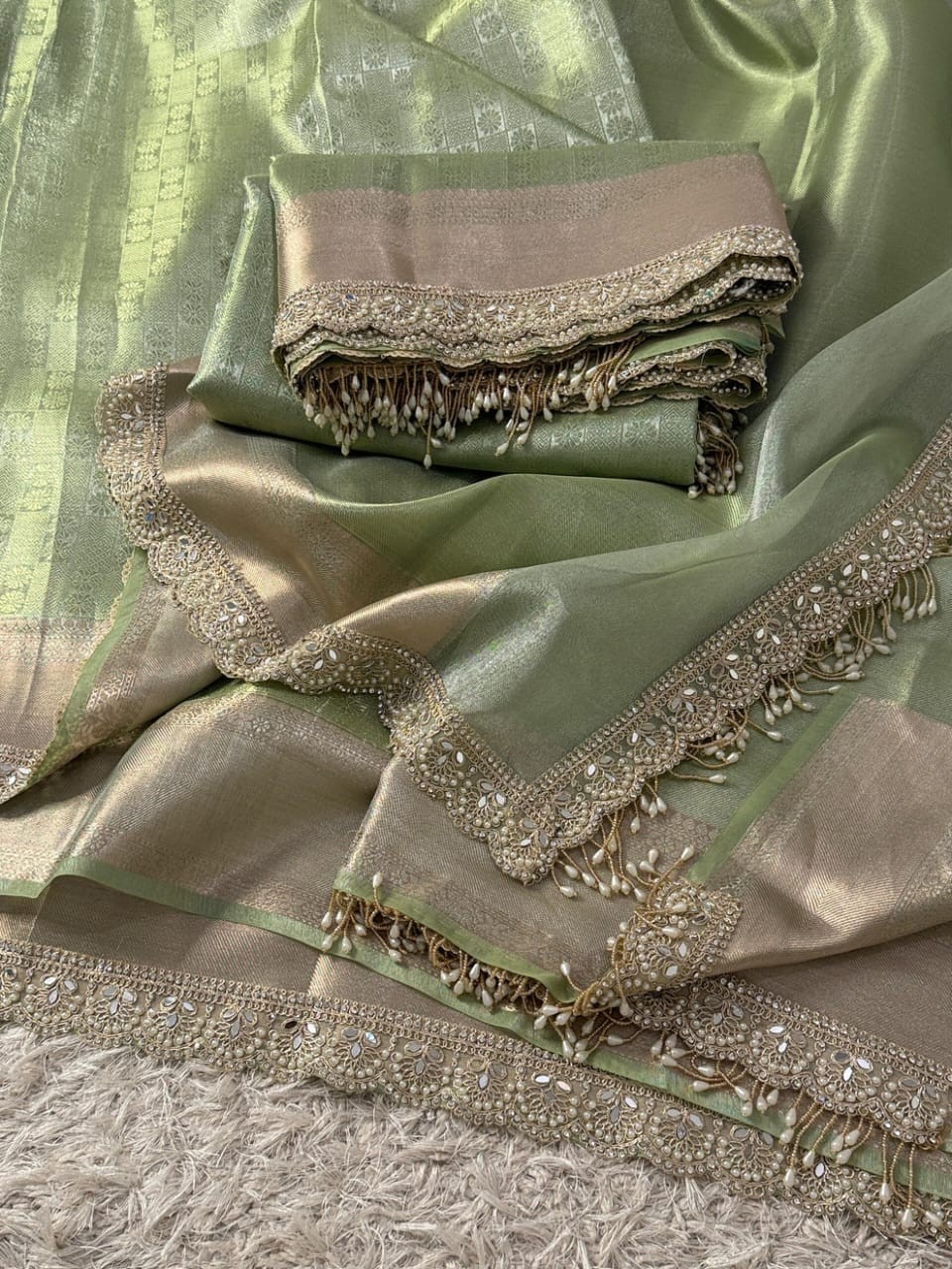Banarasi Soft Kanchi Tissue Silk Saree Rich Weaving Pallu Brocade Blouse Lace