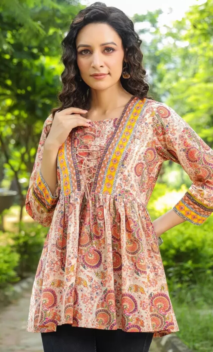 Women Tunic wear ; Cotton Floral Printed Empire A-line Pleated Tunic Kurti