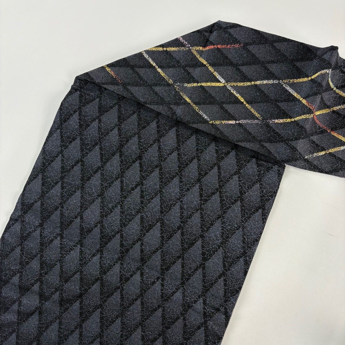 Nagoya Obi Embroidery Gold Silver Thread Diagonal Lattice Black Gray Silk 359cm