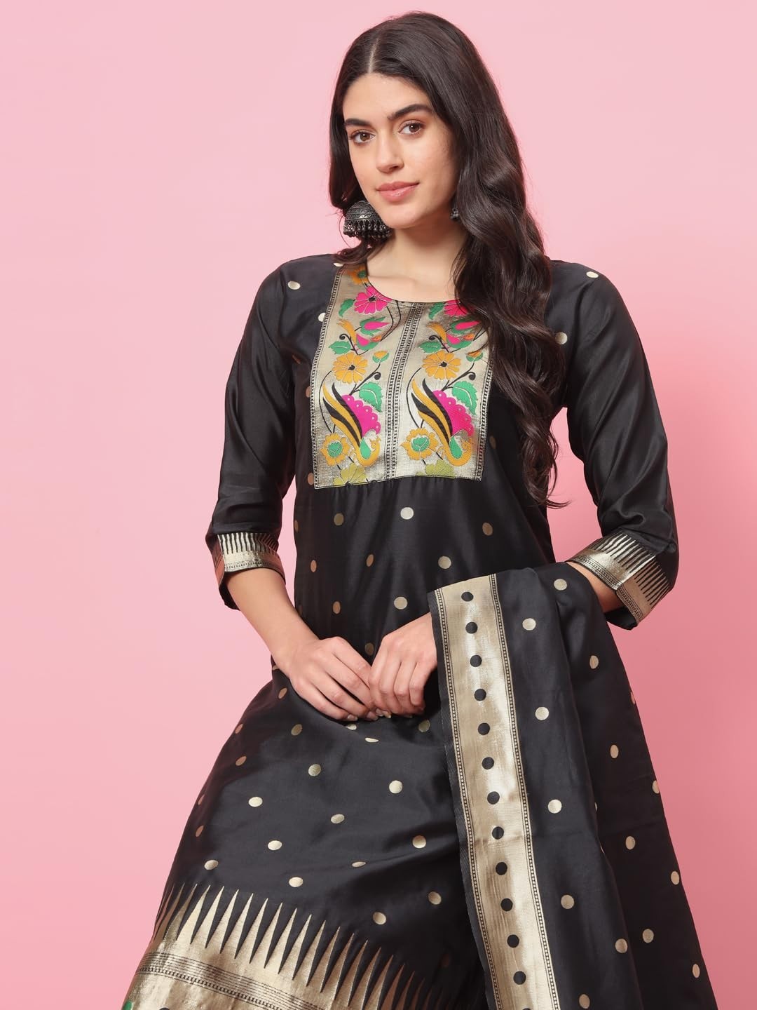 Women’s Cotton Silk Jacquard Straight Kurta with Pant & Banarasi Silk Dupatta