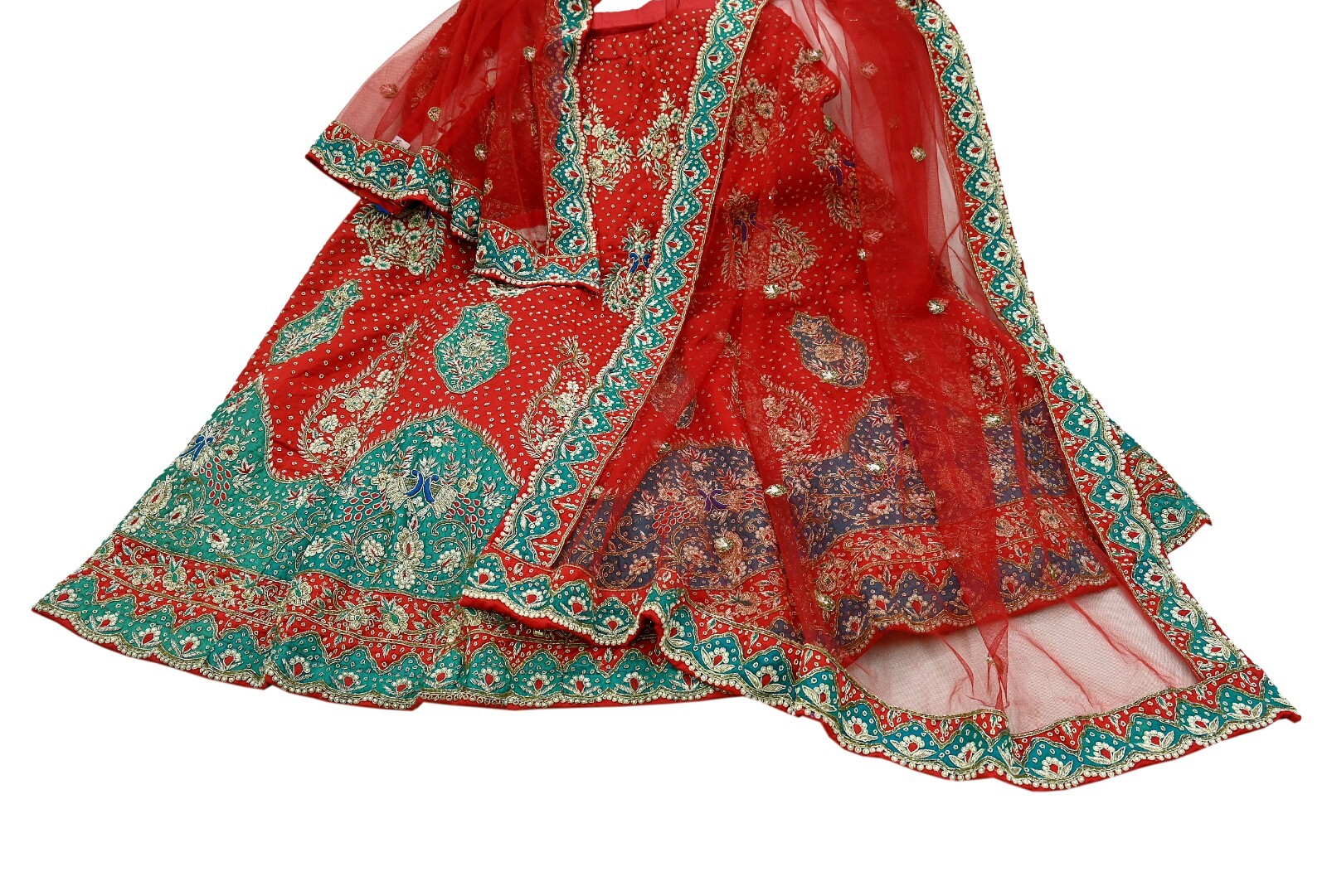 Pre-owned Red Satin Silk Hand Embroidered Designer By Anamika Khanna Lehenga Set
