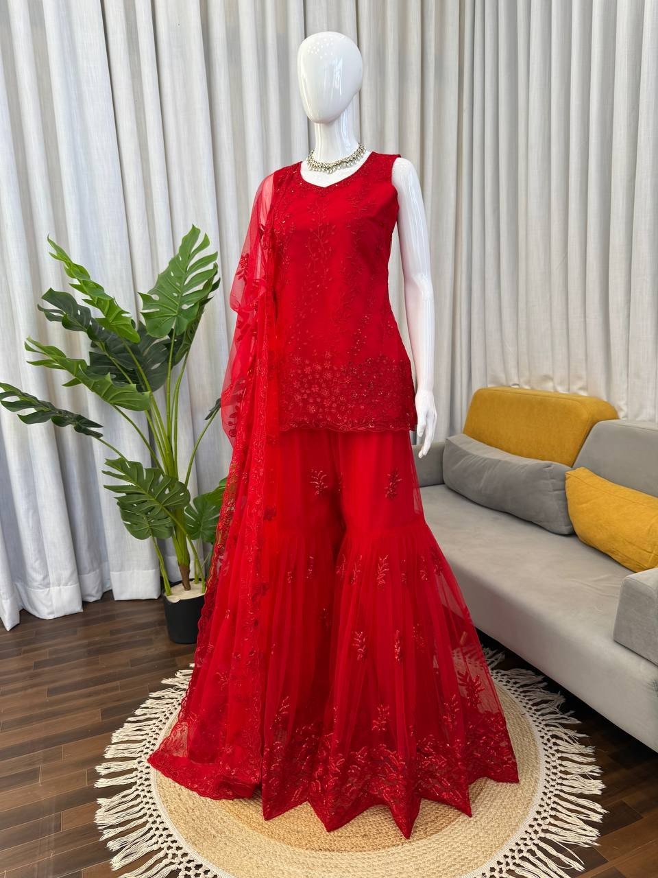 Fashionable Heavy Soft Net Red Top Palazzo With Dupatta For Festival Wear
