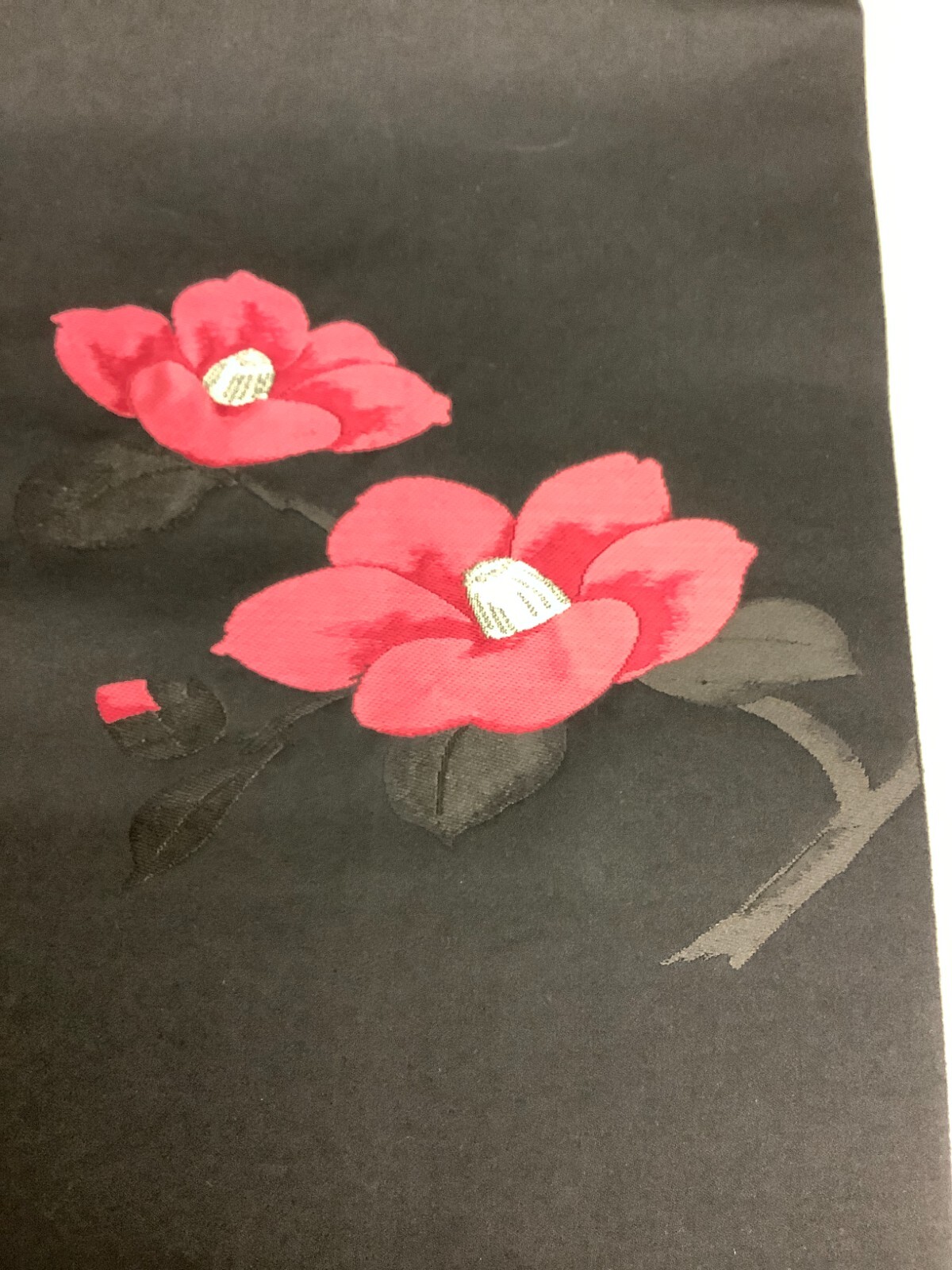 Japanese Vintage Kimono Nagoya Obi silk black embroidery flower 137.7×12.2in
