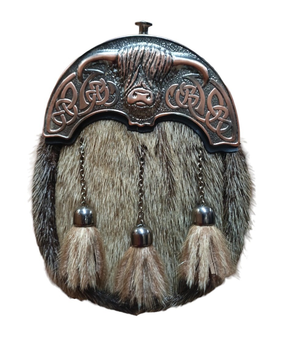 Scottish Chocolate Bronze Cantle Highland Cow Full Dress Sporran With Chain Belt