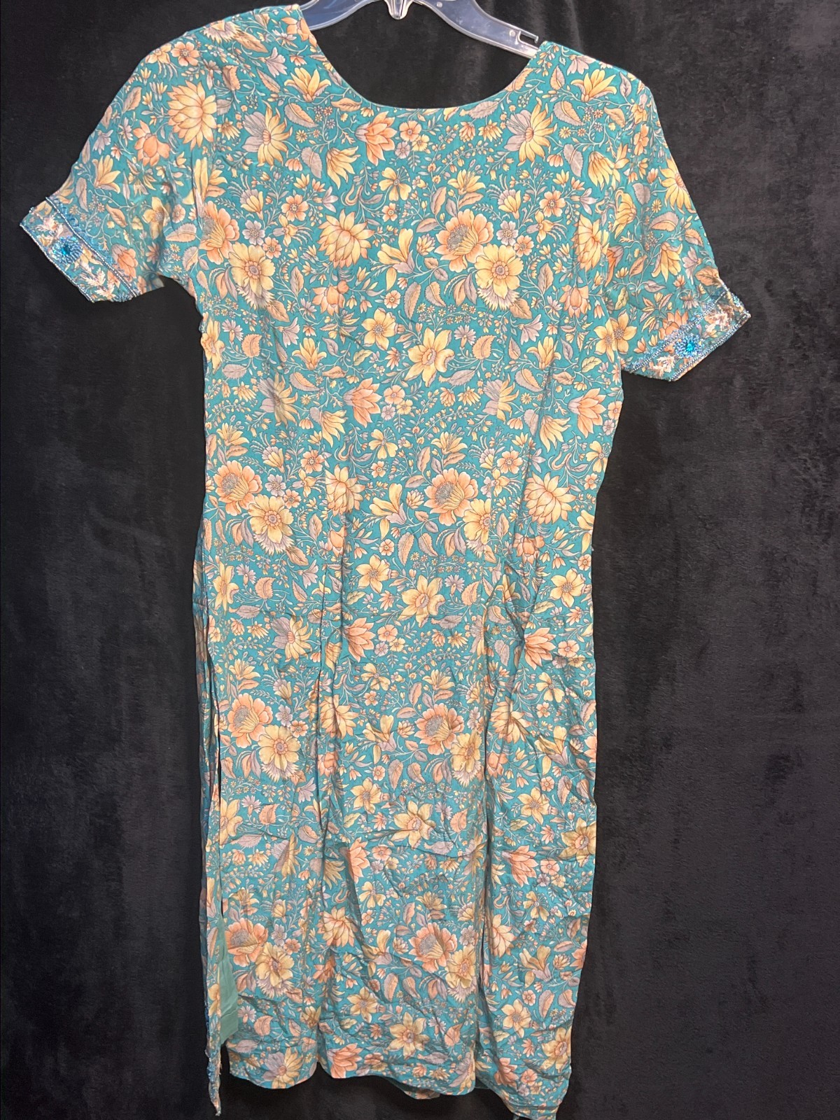 Women’s Indian Floral Tunic Dress Blue Yellow Short Sleeve Kurta Style No Size