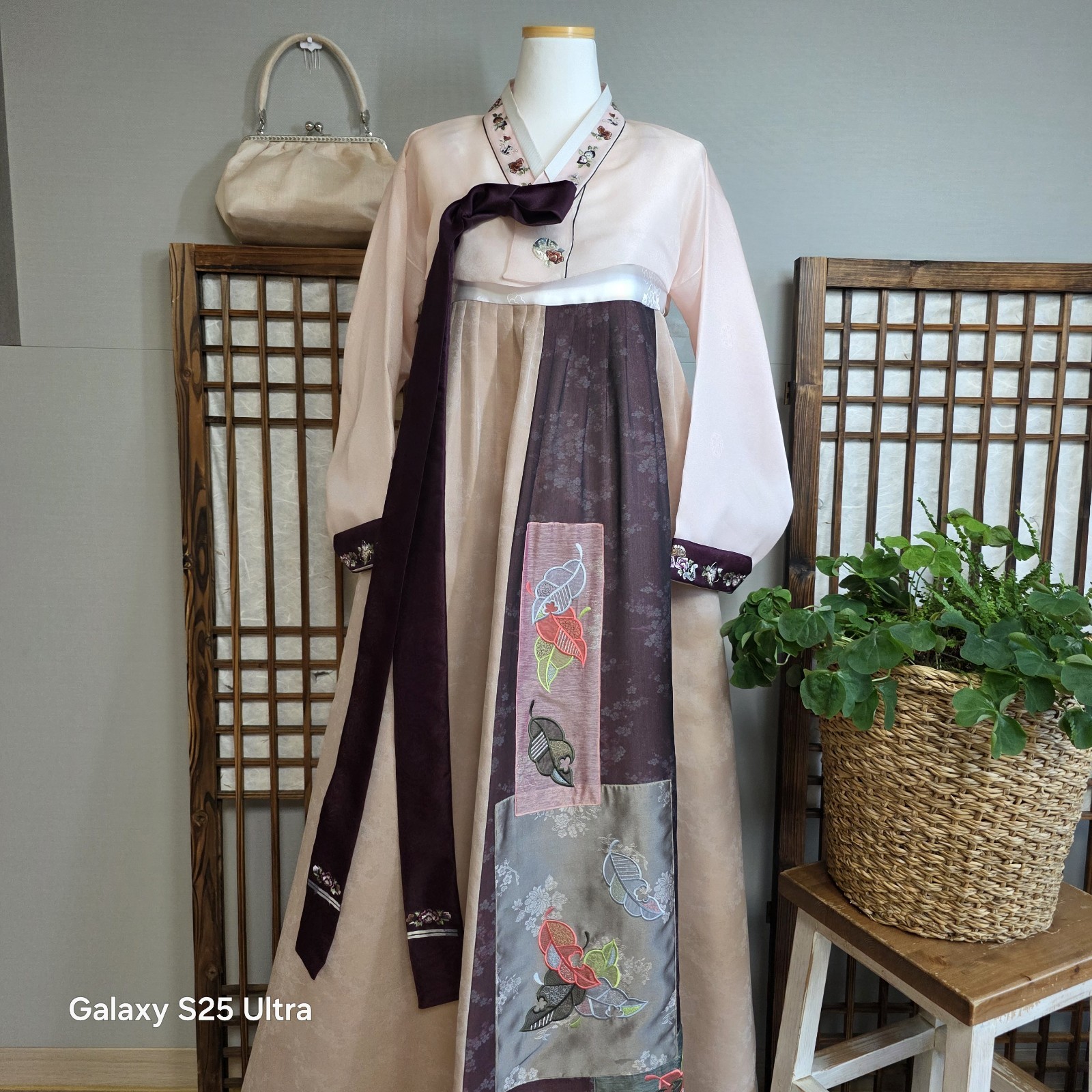 Korean Women Hanbok Set Blush Pink Jeogori Deep Plum Chima Embroidery Full Set