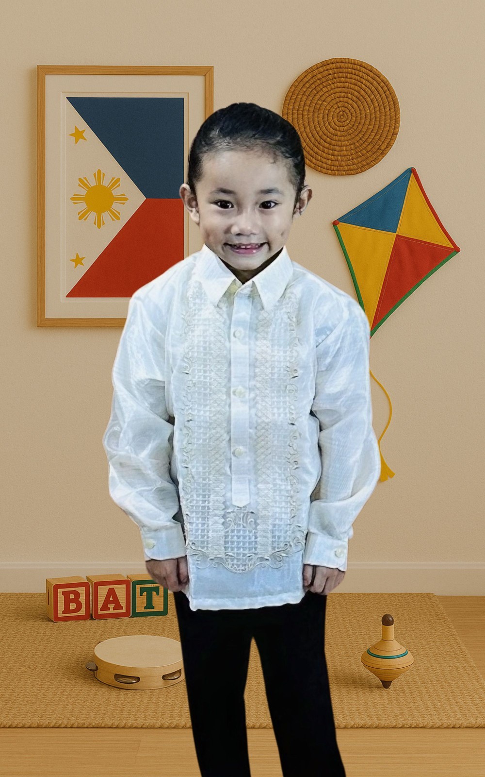 Kids White Long Sleeve Organza Barong Tagalog ORDER US SIZE