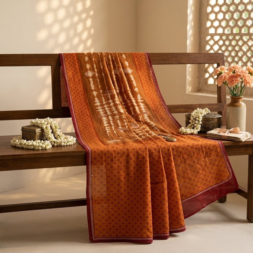 Sanskriti Vintage Saree Orange Pure Cotton Hand Block Print-Batik Work 5+Yd Sari