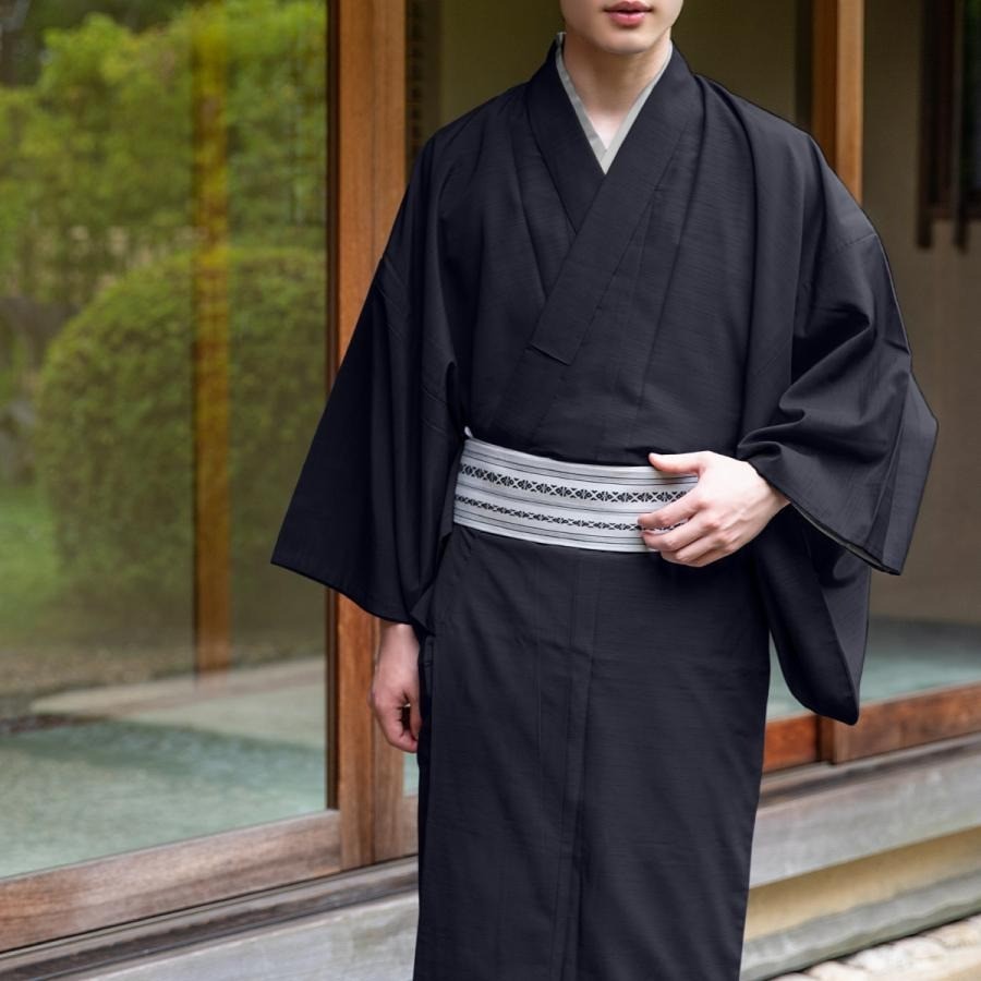 KYOETSU Mens Hitoe Kimono Washable Tsumugi Style Robe Japanese Traditional Wear