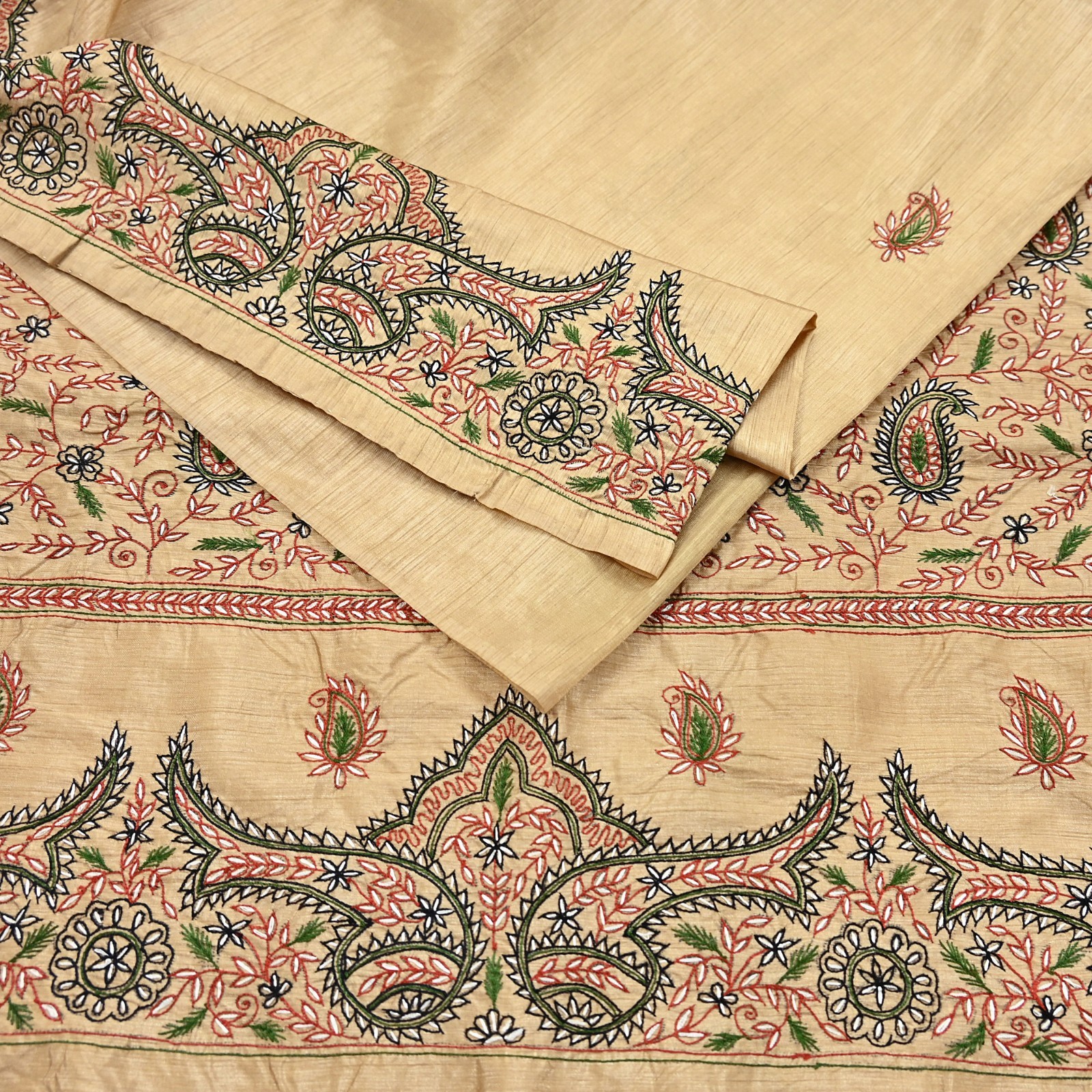 Indian Vintage Sari Beige Artificial Silk Hand Embroidered Sarees Craft Fabric 5