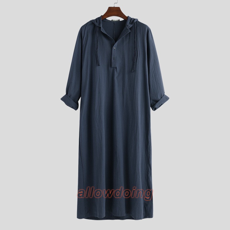Mens Saudi Jubba Dishdasha Muslim Long Sleeve Hooded Kaftan Cotton Maxi Thobe