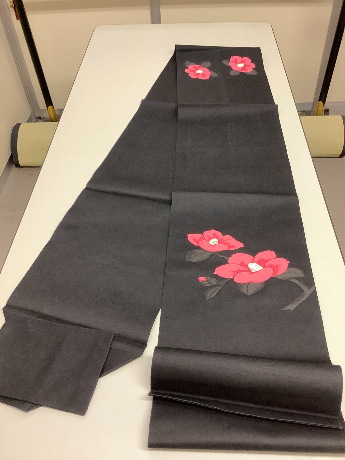 Japanese Vintage Kimono Nagoya Obi silk black embroidery flower 137.7×12.2in