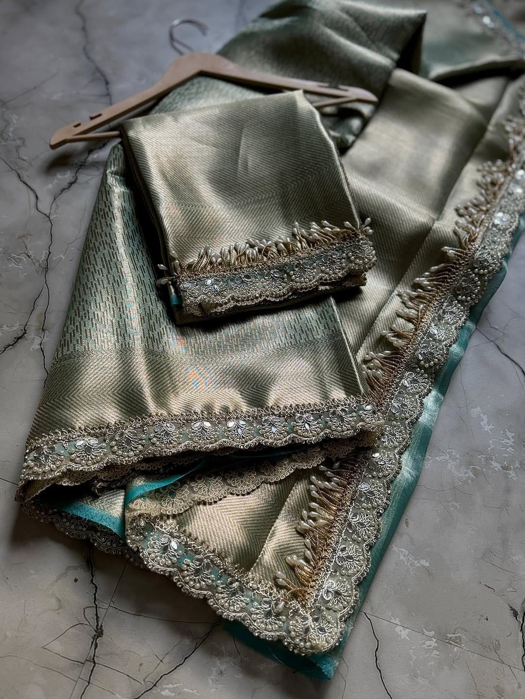 Metallic Sage Green Tissue Silk Saree Heavy Cutwork Lace Border & Brocade Blouse