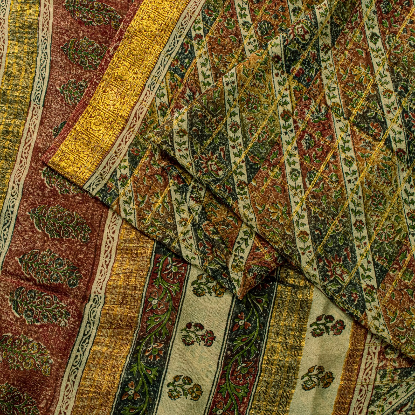 Sanskriti Vintage Yellow-Green Pure Georgette Silk Saree Floral Block Print 6 Yd