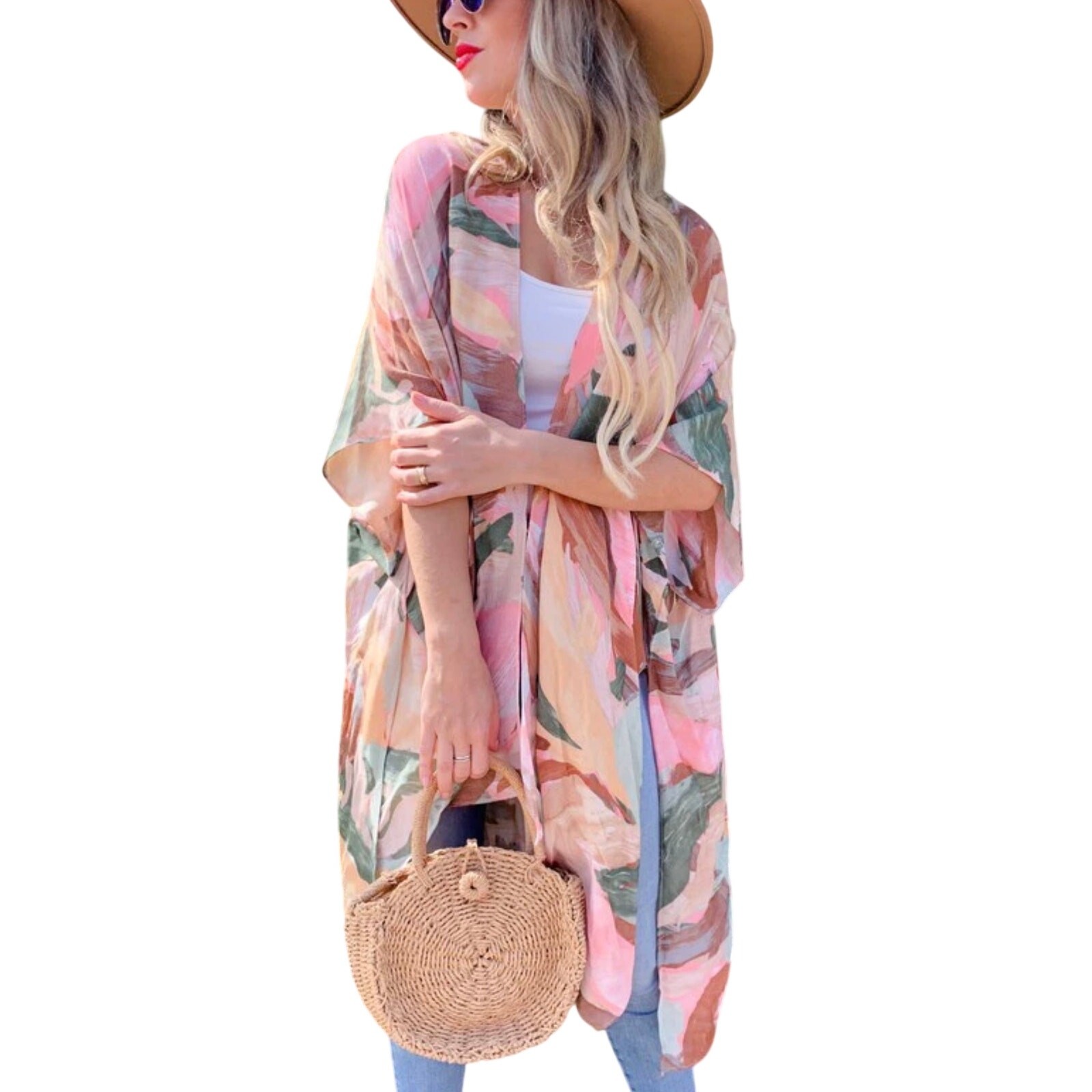 Pink Multi Printed Open Front Kimono Cardigan Cover Up One Size Fits