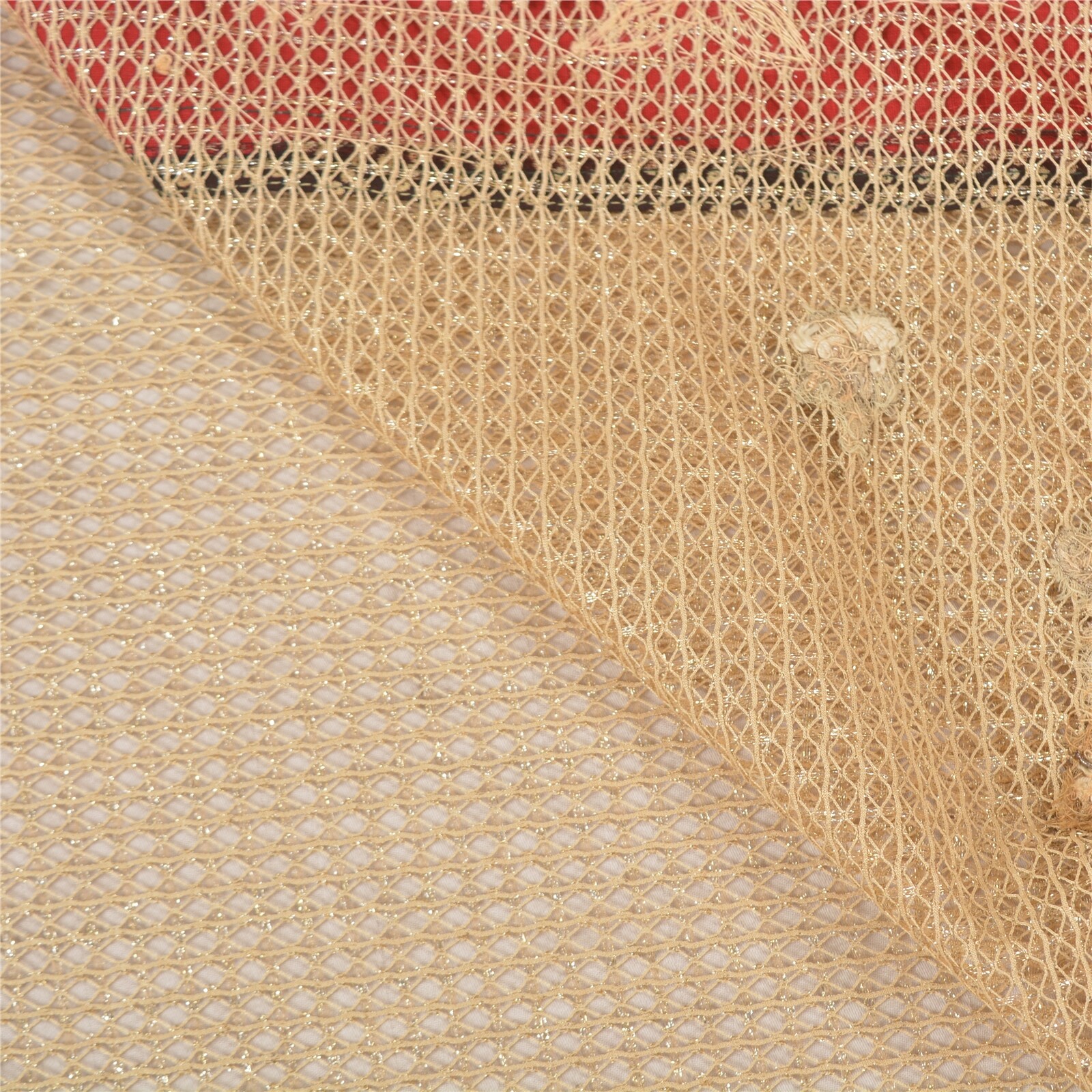 Sanskriti Vintage Sarees Net Mesh Ivory Hand Beaded Cultural Sari 5 Yard Fabric